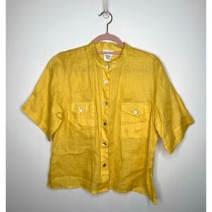 VTG Neiman Marcus 100% Linen‎ Top Womens Medium Yellow Band Collar Boxy Made USA